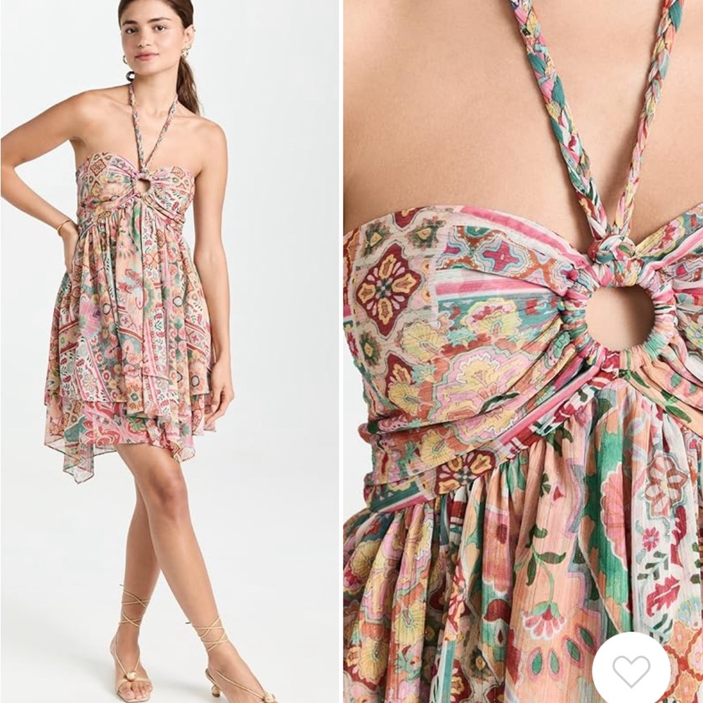 Misa Los Angeles Bendetta Pink and Green Asymmetrical Halter Dress